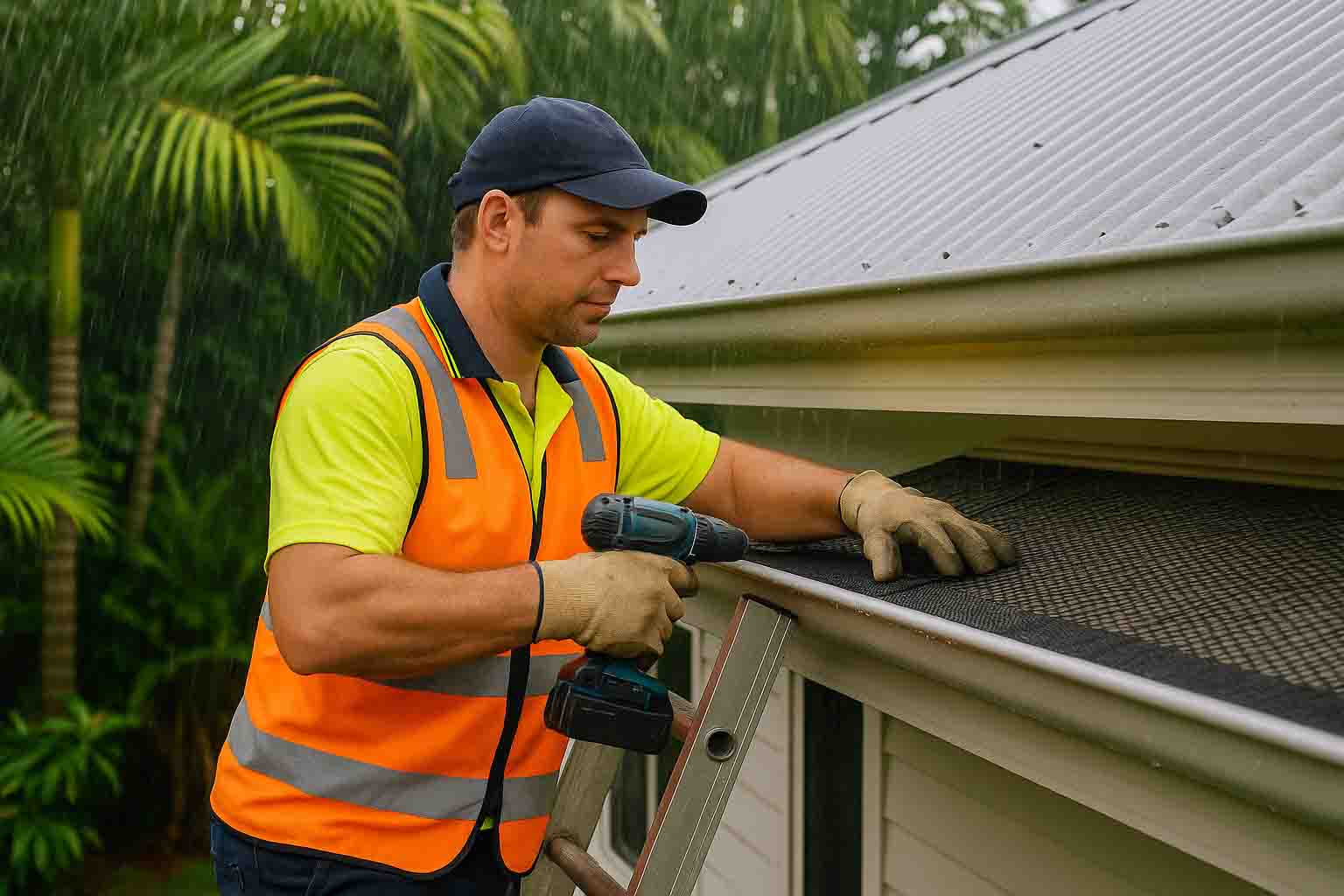 Local Cairns installer securing gutter mesh with a drill during tropical rain, palm trees in background