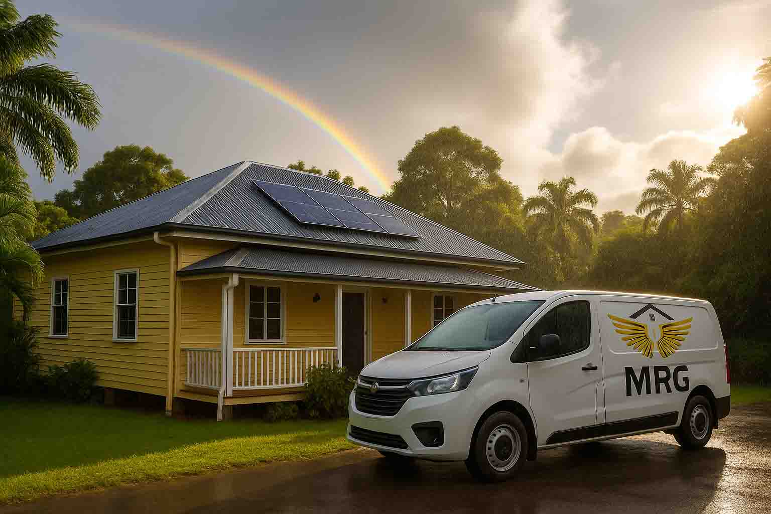 Queenslander home after tropical rain with rainbow and My Roof Guardian van displaying gold-wing logo in driveway