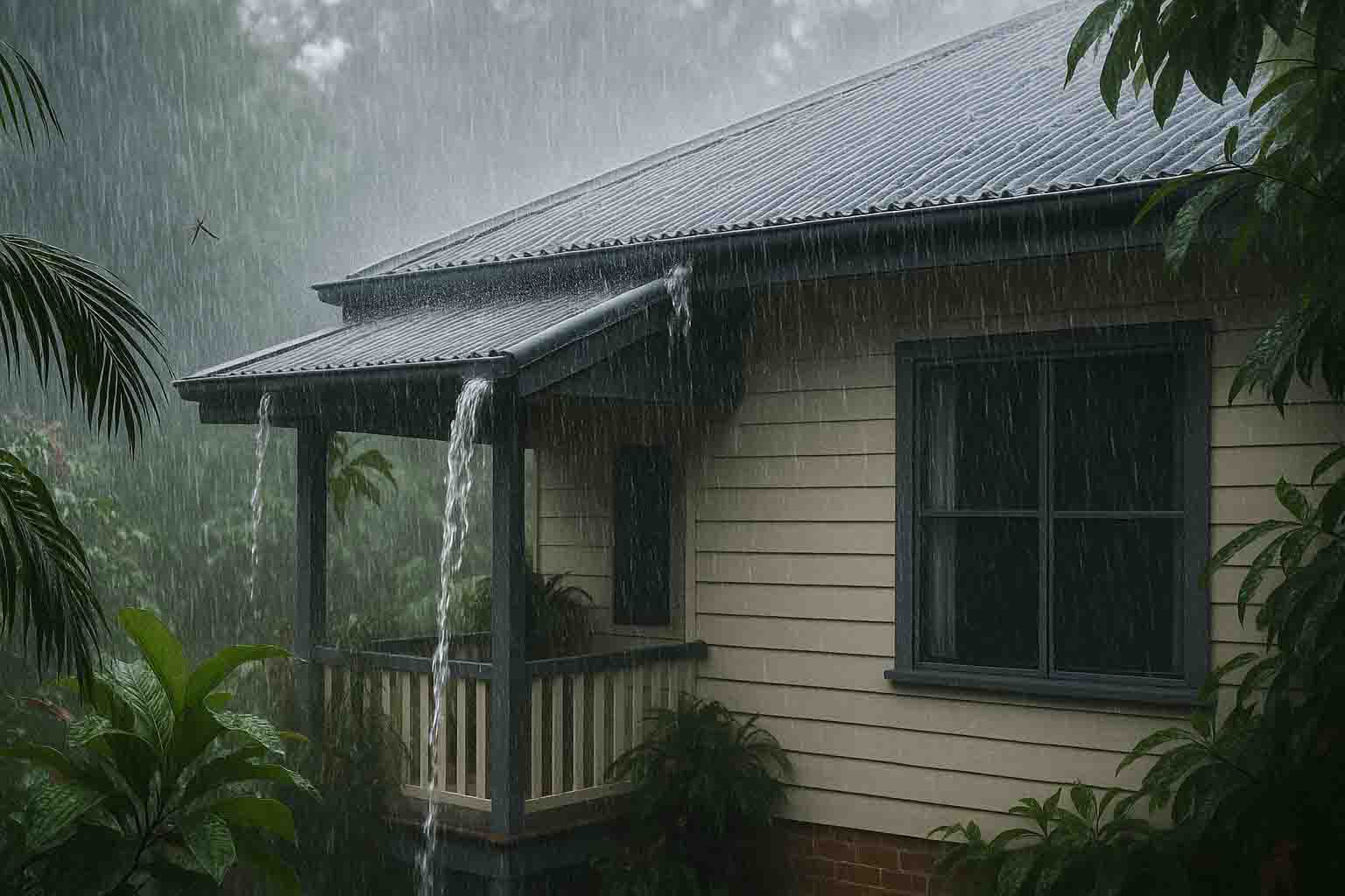 Overflowing gutters on a Queenslander home during a heavy tropical rainstorm, surrounded by palm fronds and lush FNQ vegetation