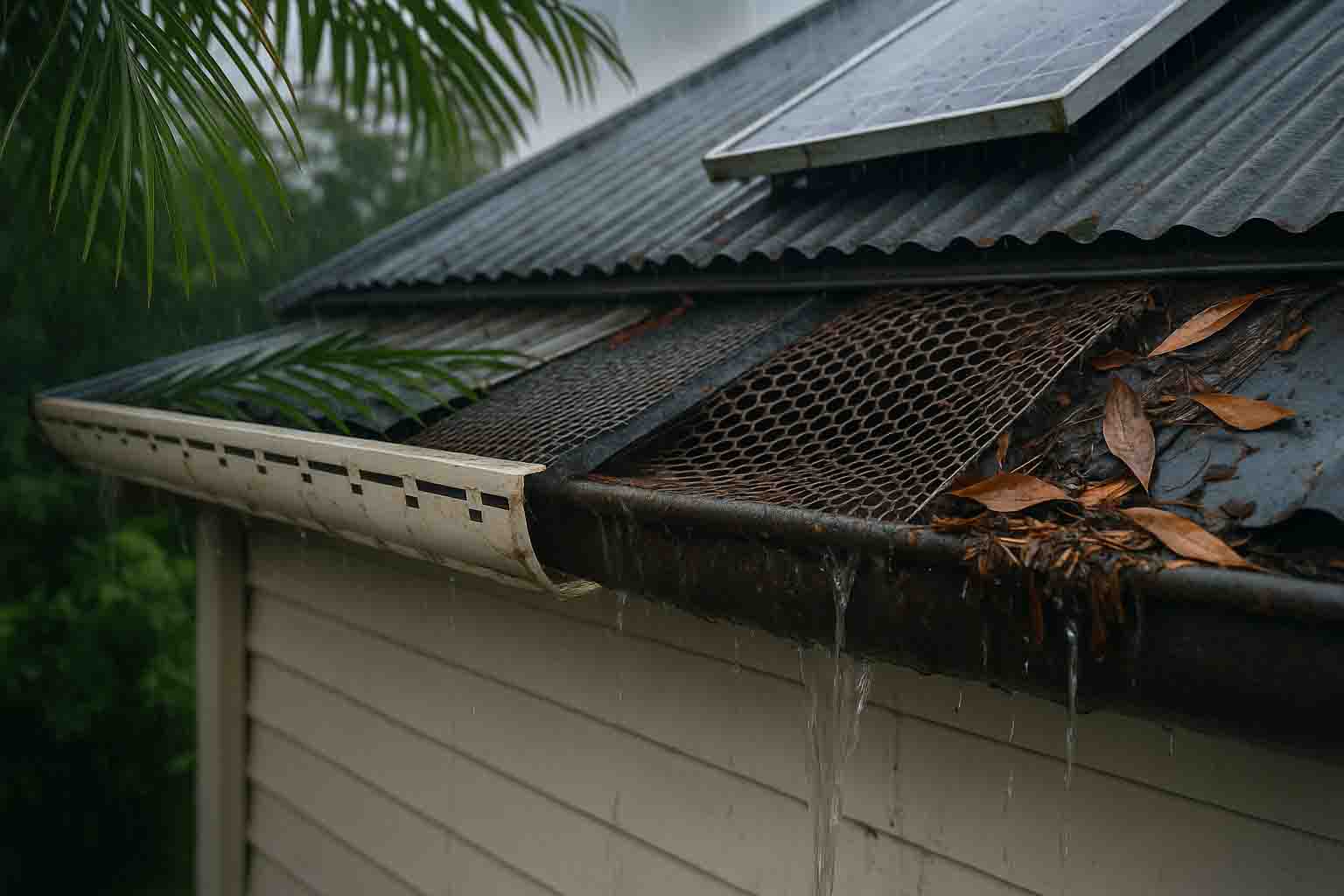 Cracked plastic guard, rusted metal mesh, and clogged bottle-brush gutter guard overflowing during tropical rain on a Queenslander roof