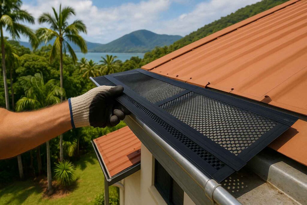 A My Roof Guardian technician installs a black, cyclone-resistant mesh gutter guard onto the tiled roof of a home with the Cairns coastline in the background.