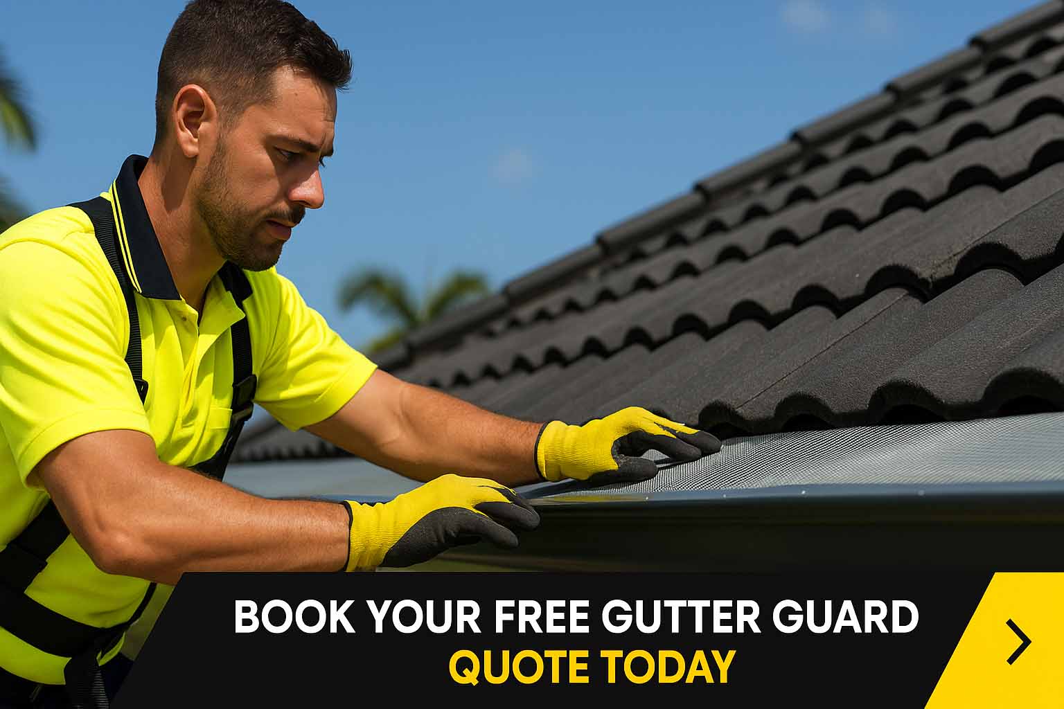 Gutter guard installer fitting mesh on a tiled roof in Cairns – book your free quote with My Roof Guardian
