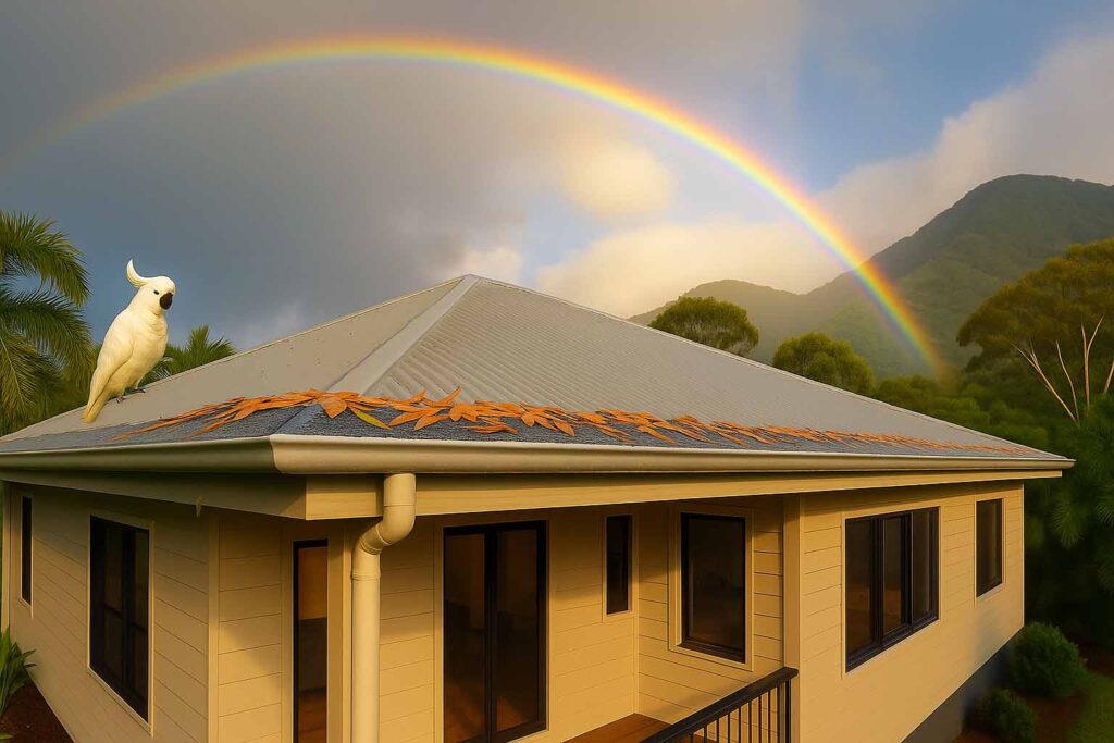 Rainbow arches over a Cairns home as gutter guards block fallen leaves while a curious cockatoo watches