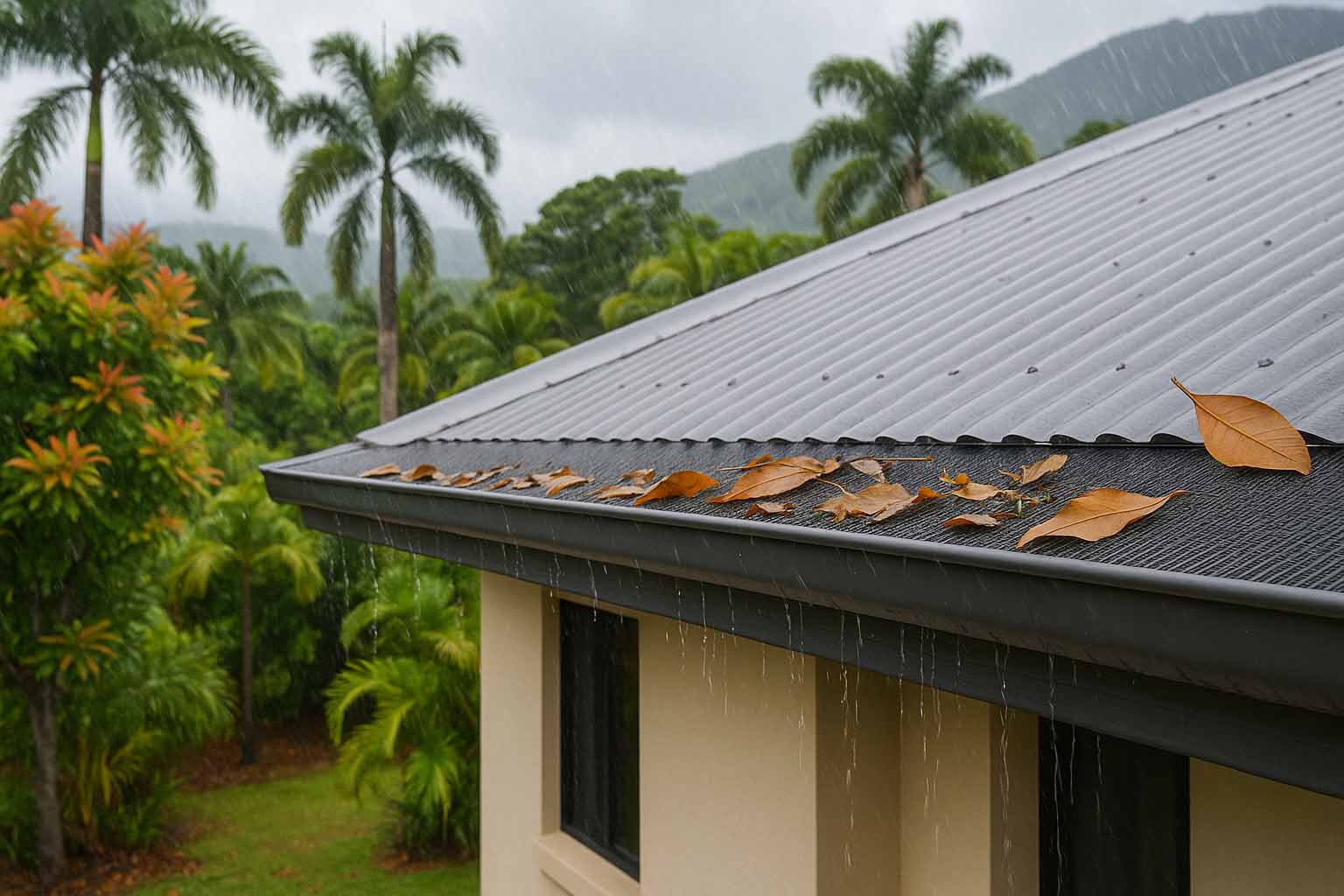 A My Roof Guardian gutter guard works perfectly during a Cairns downpour, letting rain flow into the gutter while blocking leaves on a metal roof.