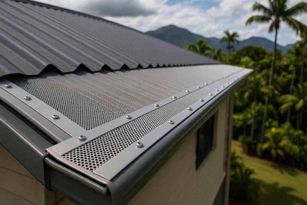 A clean, silver aluminium gutter guard professionally installed on a dark grey corrugated metal roof, with the lush green mountains of Cairns in the background.