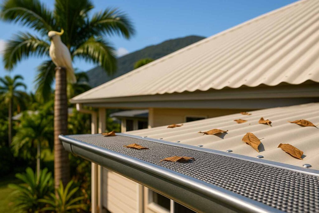 Powder-coated aluminium gutter guard on a Cairns roof stops leaves and rust in the tropical sun