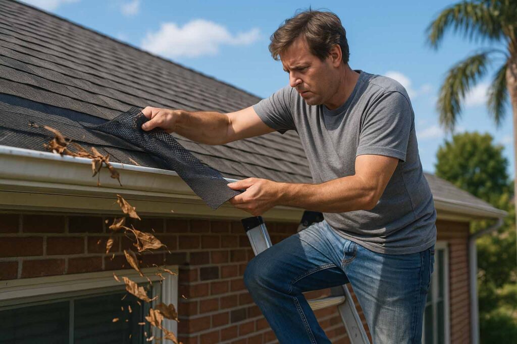 DIY gutter guard installation on tiled roof in Cairns, showing risks and effort involved in self-installation