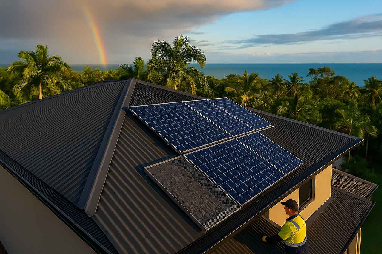 Drone photo of Cairns home with gutter guards and stainless solar mesh shielding rooftop panels against tropical backdrop