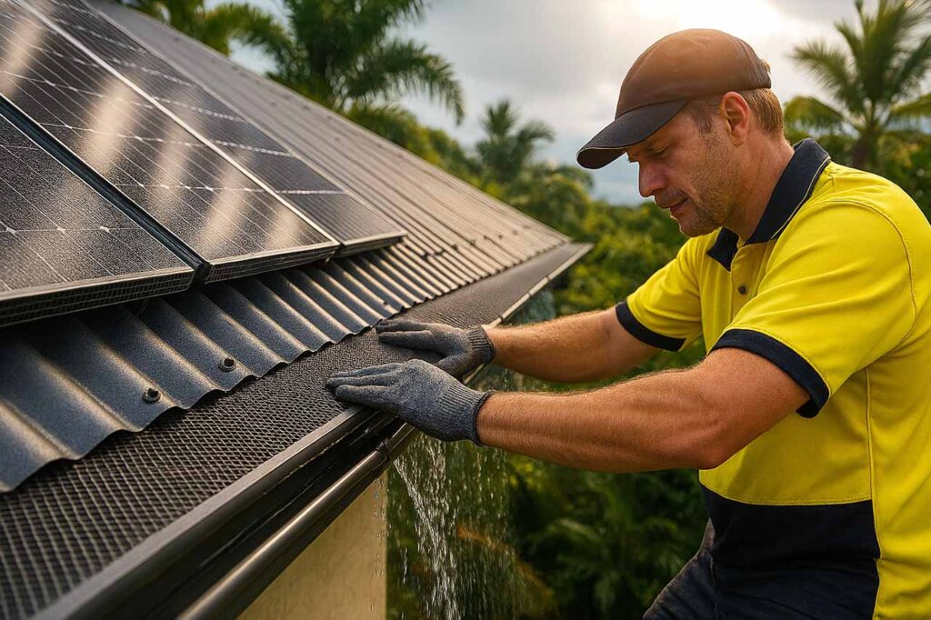 Cairns tradesman installing black aluminium gutter guard beside solar panels on a corrugated roof with tropical palms in the background