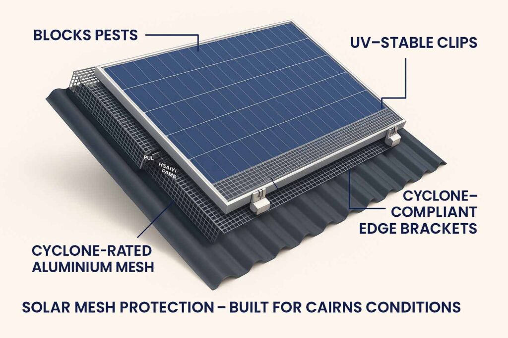 3D cutaway diagram showing how solar mesh prevents birds nesting under solar panels on a Cairns metal roof
