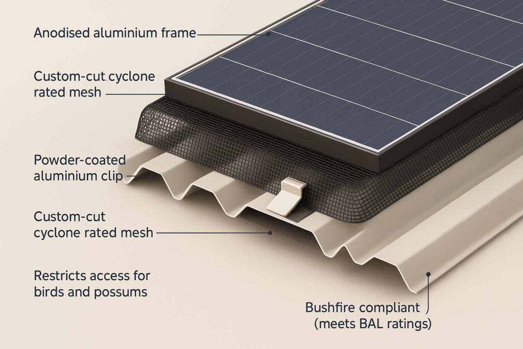 3D diagram of cyclone-rated solar mesh installation on metal roof in Cairns