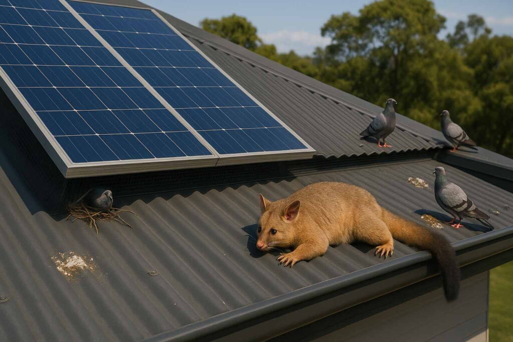 Photorealistic view of a residential rooftop solar panel system in Cairns protected by solar mesh from possums and birds